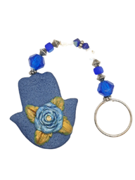 Picture of Polymer clay hamsa keychain blue w/ flowers