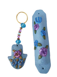 Picture of Mezuzah 10cm set w/ hamsa key chain w/ flowers